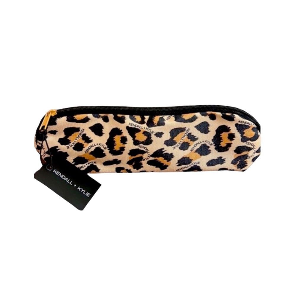 Kendall & Kylie Leopard Print Slim Nylon Cosmetic/Pencil Case Black Tan Size OS